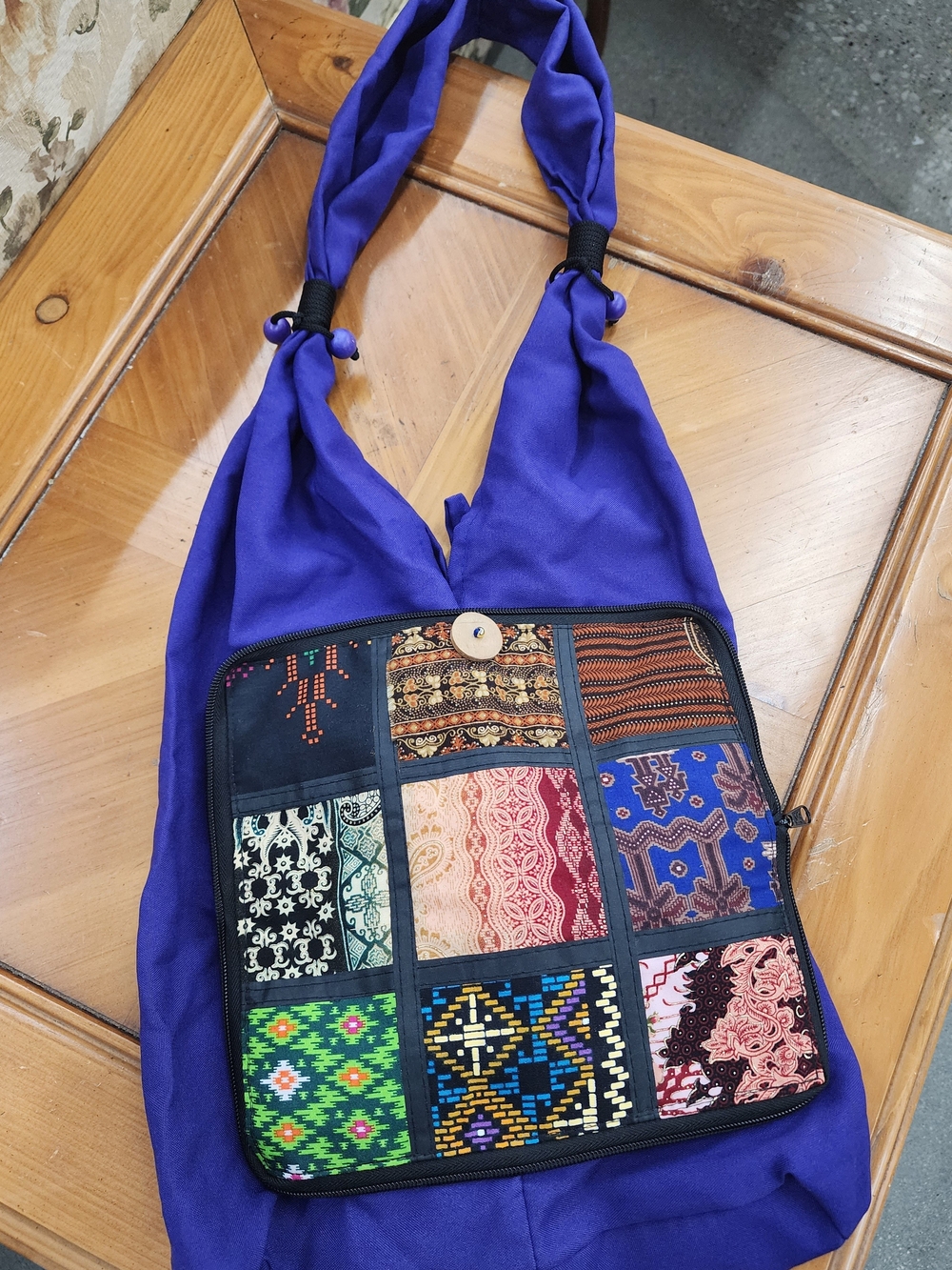 Hand Crafted Convertable Blue Patchwork Tote with Multicolor Panel - Picture 2 of 3